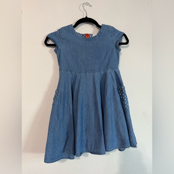 Mini Boden 6-7 blue Chambray Polka Dot Pocket Circle Dress - Picture 1 of 5